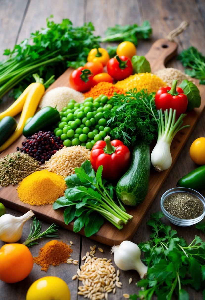 A colorful array of fresh vegetables and grains arranged on a wooden cutting board, with a variety of herbs and spices scattered around