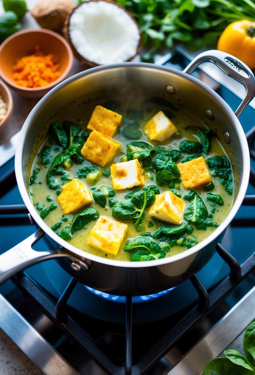 A bubbling pot of spinach, coconut, and paneer curry simmering on a stovetop, surrounded by vibrant, fresh ingredients