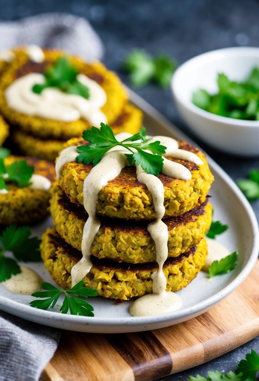 A platter of golden gluten-free falafel topped with fresh parsley and drizzled with creamy tahini sauce