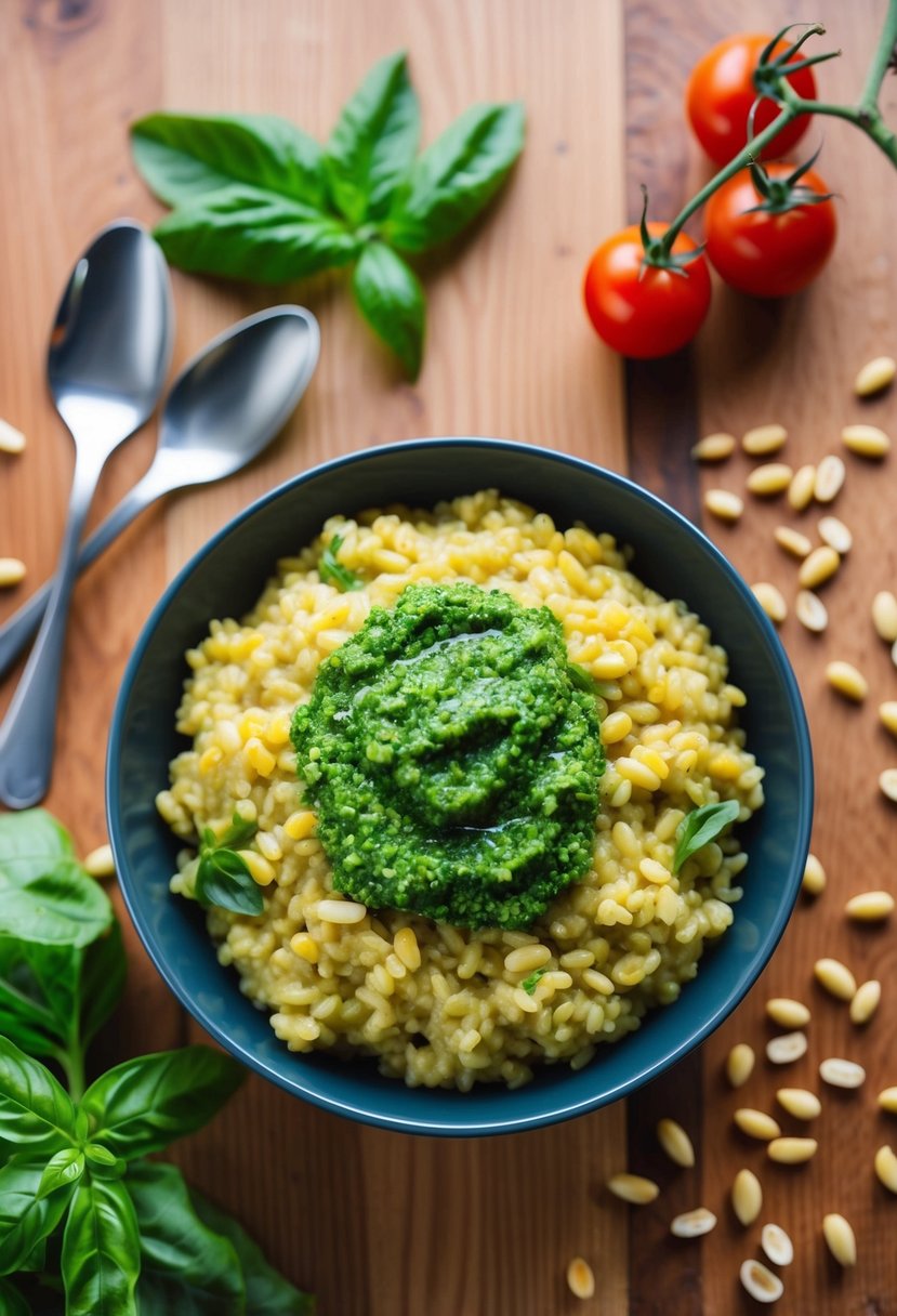 A wooden table set with a bowl of creamy millet risotto topped with vibrant green pesto, surrounded by fresh ingredients like basil, pine nuts, and cherry tomatoes