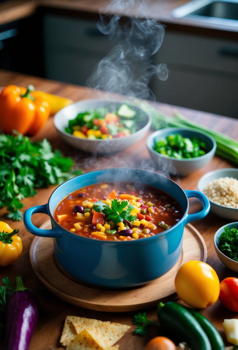 A steaming pot of vegetarian tortilla soup surrounded by colorful vegetables and gluten-free ingredients on a wooden kitchen counter