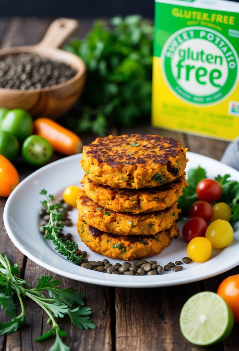 A plate of sweet potato and lentil patties surrounded by colorful vegetables and herbs, with a gluten-free label in the background