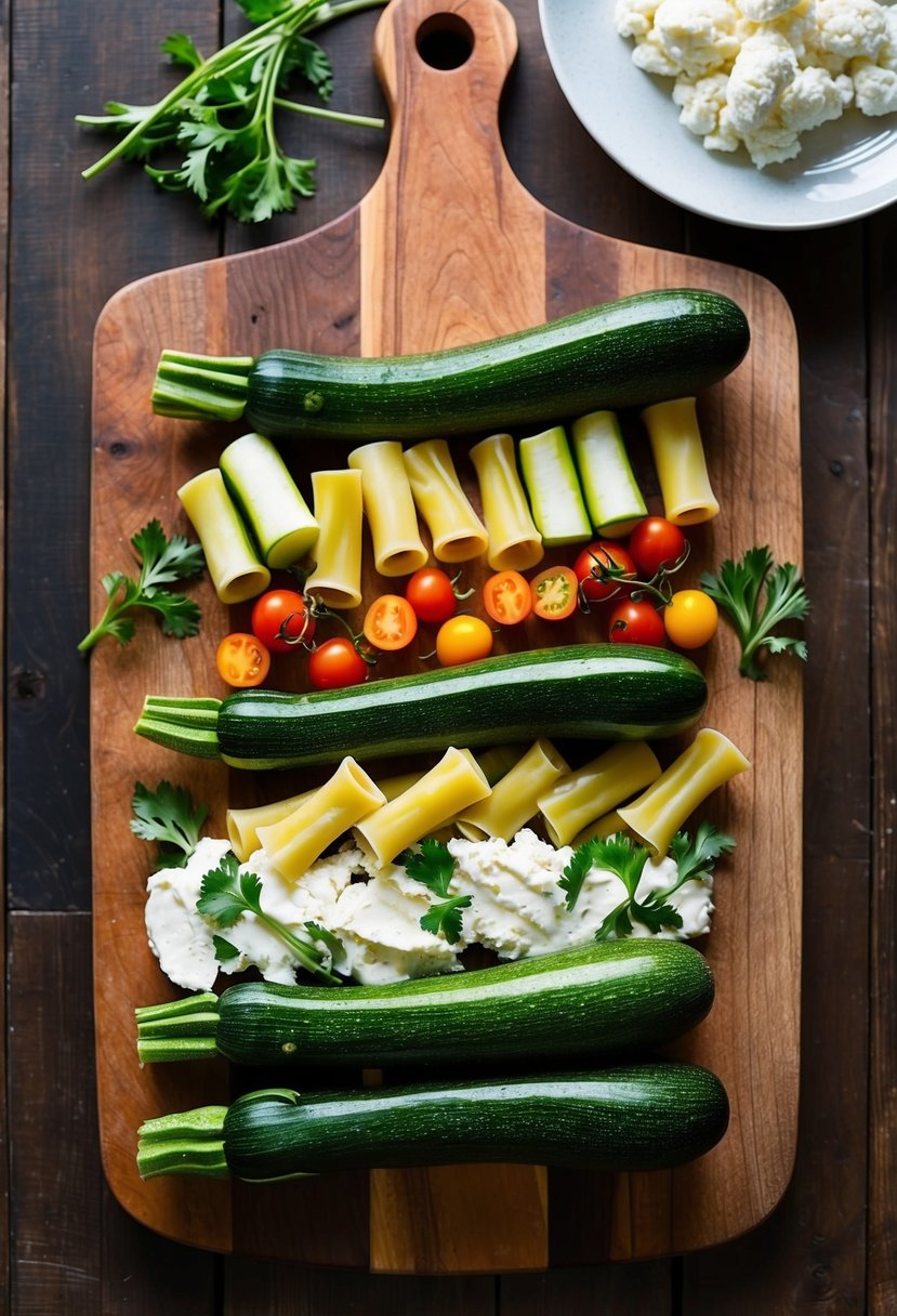 A colorful array of zucchinis, ricotta cheese, and gluten-free cannelloni noodles arranged on a rustic wooden cutting board