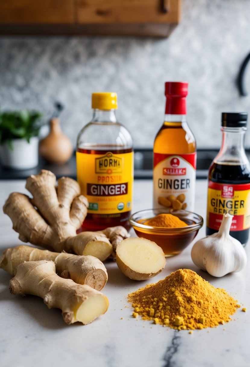 A kitchen counter with a variety of ginger root, ground ginger, and ginger powder, alongside ingredients like honey, garlic, and soy sauce