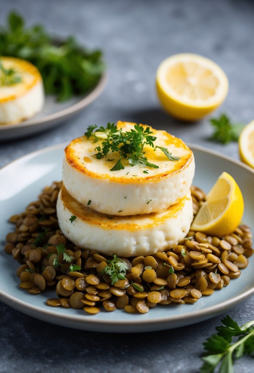 A plate of golden halloumi atop a bed of lemony lentils, garnished with fresh herbs and a squeeze of lemon