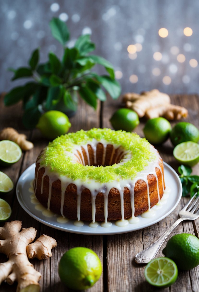 A zesty ginger-lime drizzle cake sits on a rustic wooden table, surrounded by fresh ginger and limes