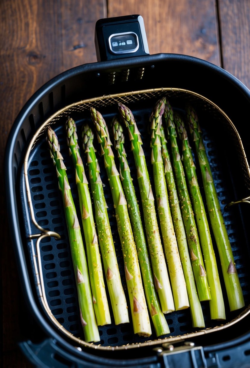 Fresh asparagus spears arranged in an air fryer basket, seasoned and ready to cook