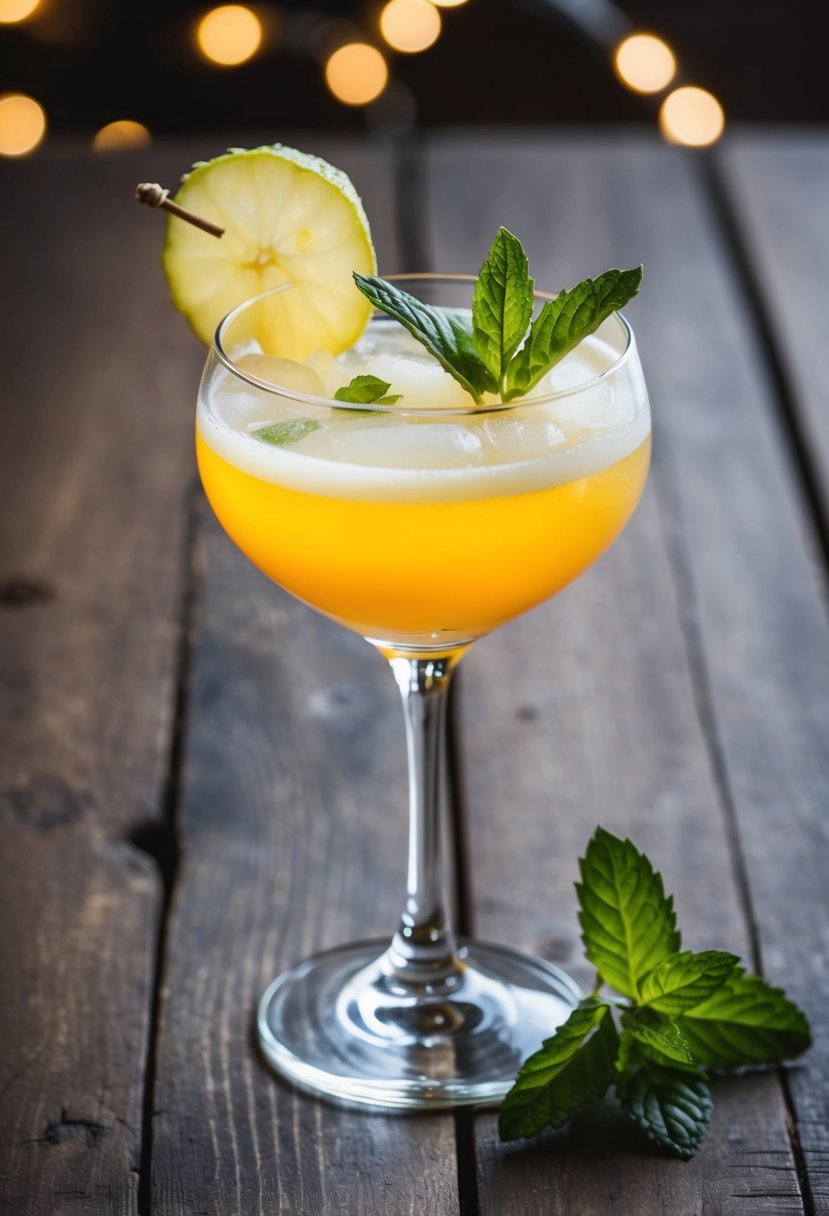 A glass filled with a vibrant ginger mocktail, garnished with a slice of fresh ginger and a sprig of mint, set on a rustic wooden table