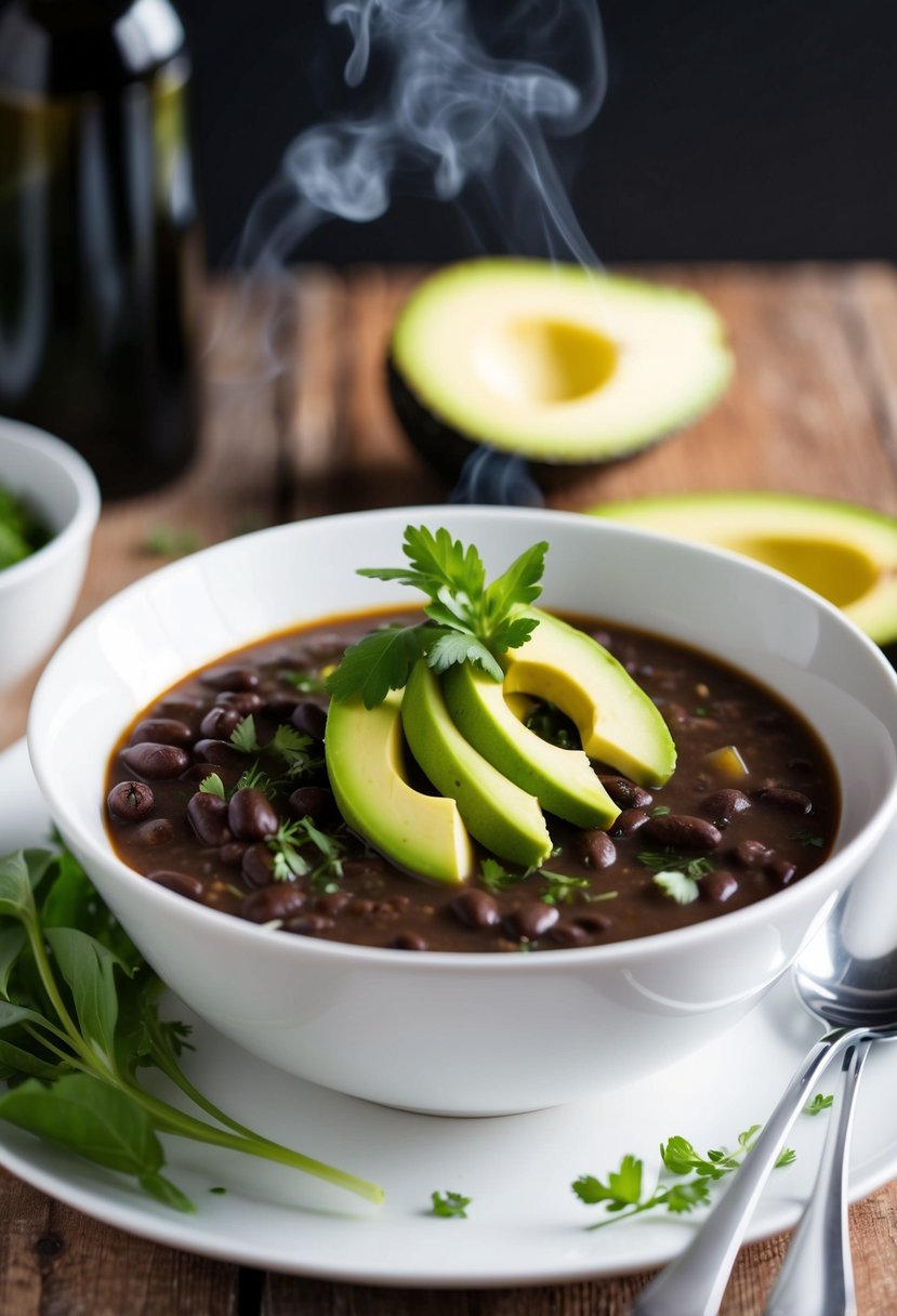 A steaming bowl of black bean soup topped with sliced avocado and garnished with fresh herbs