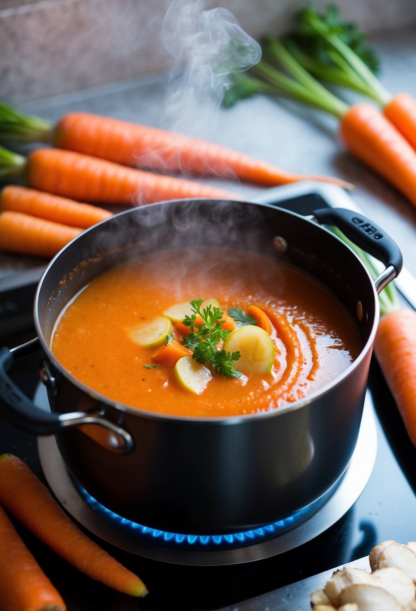 A steaming pot of carrot and ginger soup simmering on a stovetop, surrounded by fresh carrots and ginger root