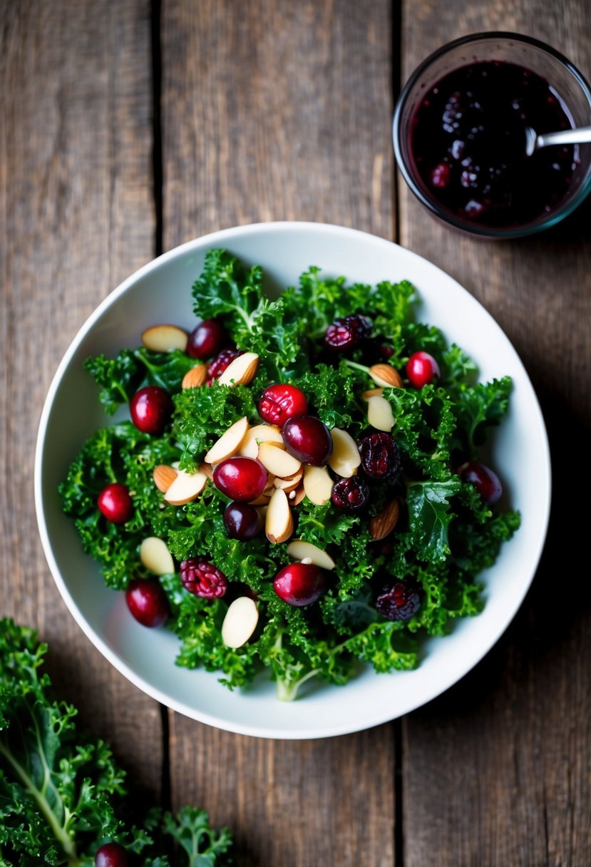 A vibrant kale salad topped with plump cranberries, sliced almonds, and a tangy vinaigrette sits on a rustic wooden table