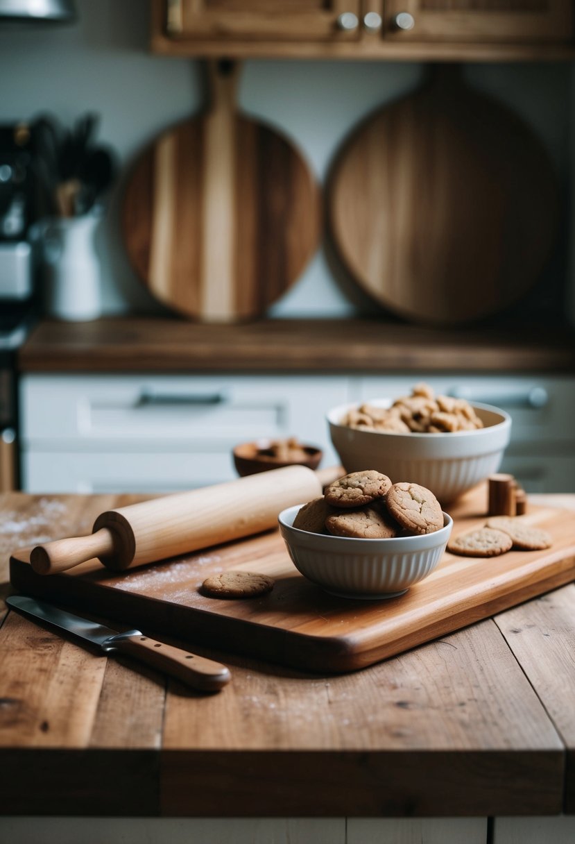 A rustic kitchen counter with a wooden cutting board, a rolling pin, and a bowl of ginger snaps cookie dough