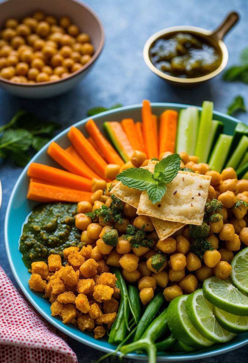 A colorful array of fresh vegetables, chickpeas, and crunchy papdi, topped with tangy tamarind and mint chutney