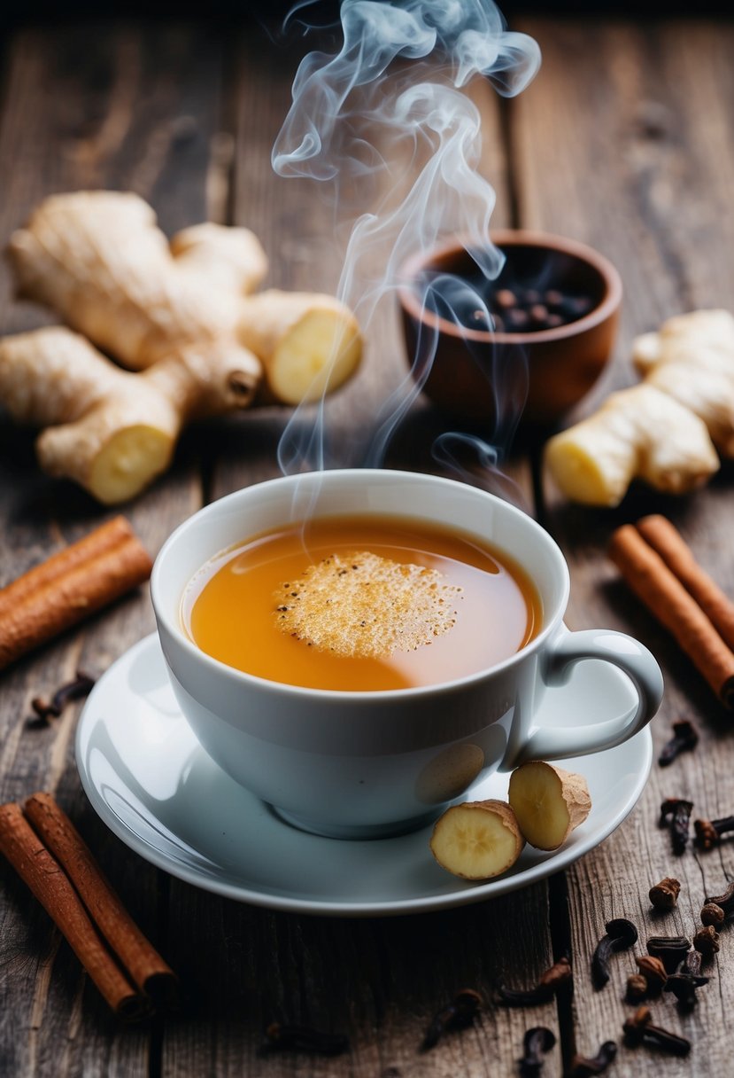 A steaming cup of spicy ginger tea sits on a rustic wooden table, surrounded by fresh ginger root, cinnamon sticks, and cloves