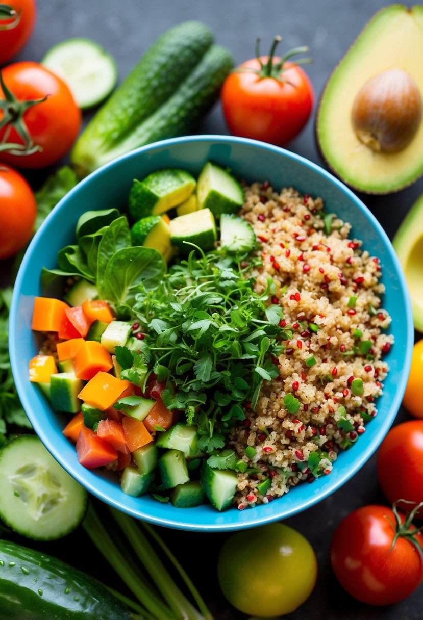 A colorful bowl filled with quinoa, chopped vegetables, and vibrant greens, surrounded by fresh ingredients like tomatoes, cucumbers, and avocados