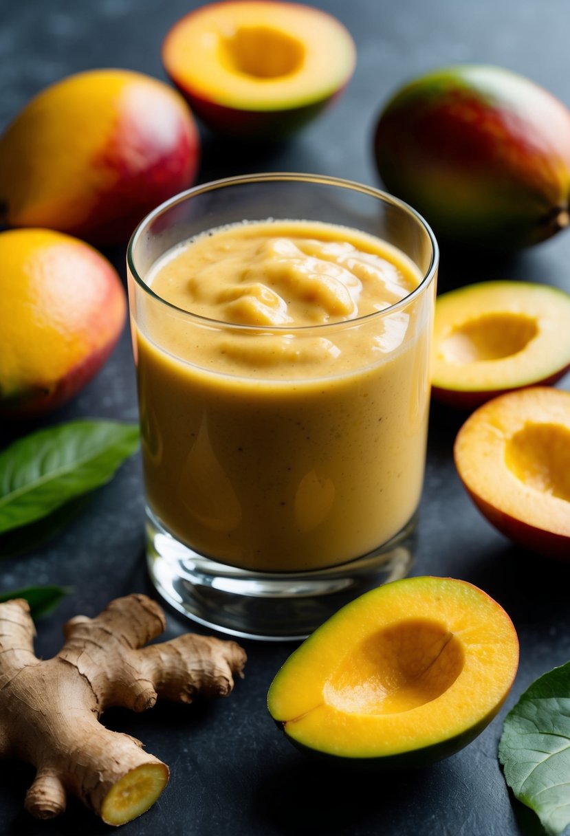 A glass of mango ginger smoothie surrounded by fresh mangoes and ginger root