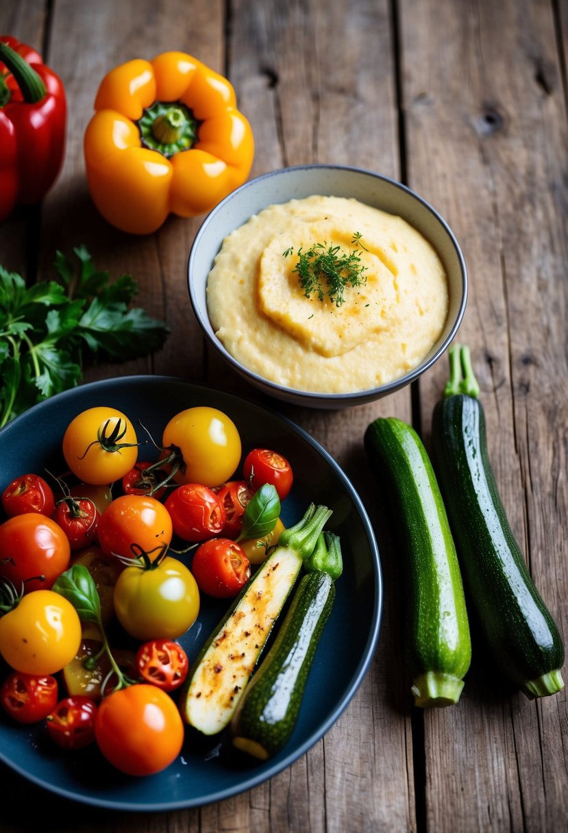 A rustic wooden table with a bowl of creamy polenta and a colorful array of roasted vegetables, including bell peppers, zucchini, and cherry tomatoes