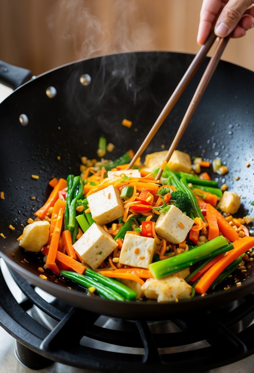 A sizzling wok with tofu, ginger, and vibrant vegetables being tossed together by a pair of chopsticks