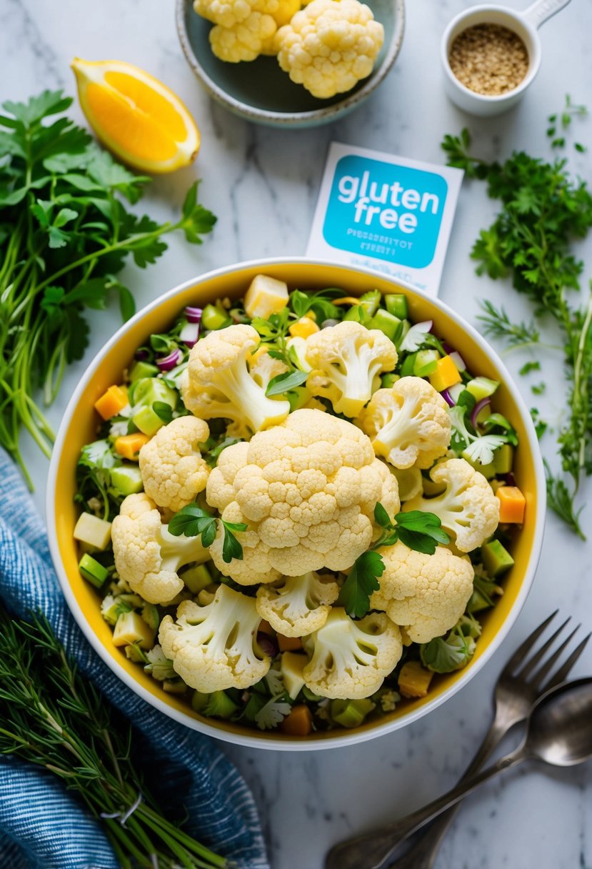 A colorful bowl of cauliflower salad surrounded by fresh herbs and ingredients, with a gluten-free label displayed nearby