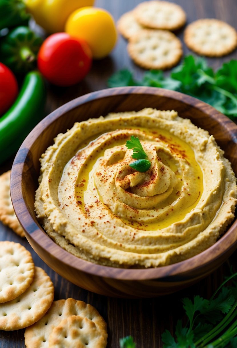 A wooden bowl of homemade hummus sprinkled with paprika, surrounded by gluten-free crackers and colorful vegetables