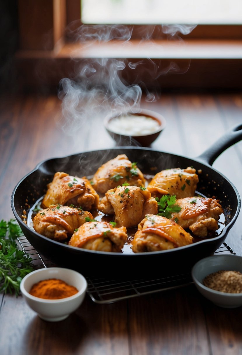 A steaming skillet of honey ginger chicken sizzling with aromatic spices and herbs