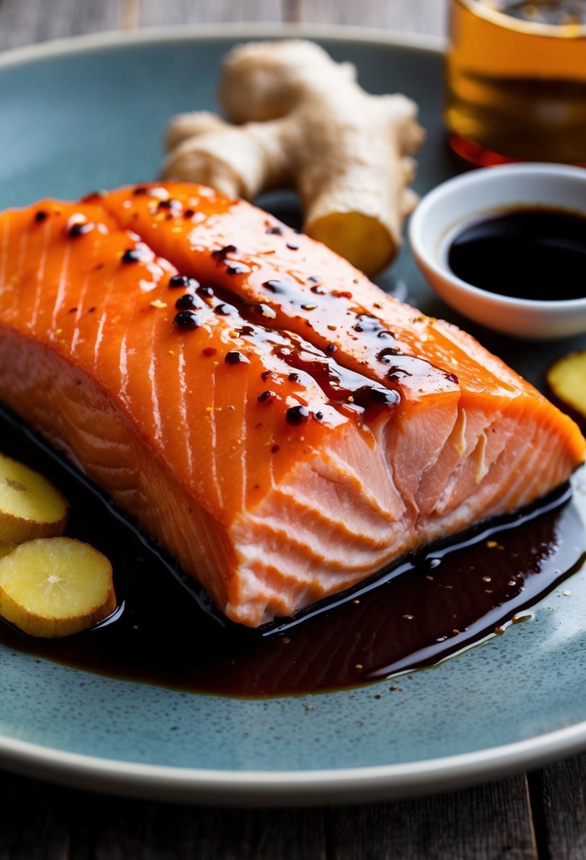 A glistening salmon fillet coated in a rich, amber-colored ginger-soy glaze, surrounded by fresh ginger and soy sauce