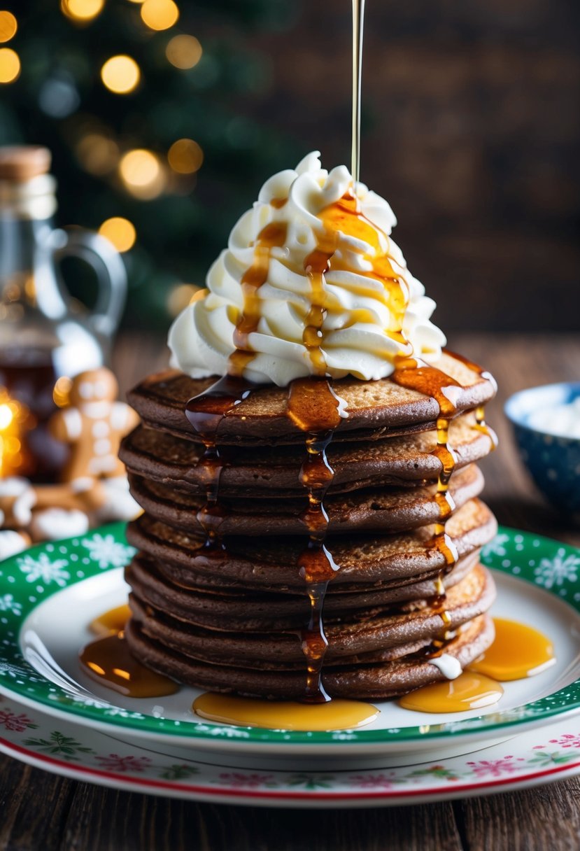 A stack of gingerbread pancakes topped with whipped cream and drizzled with maple syrup on a festive plate