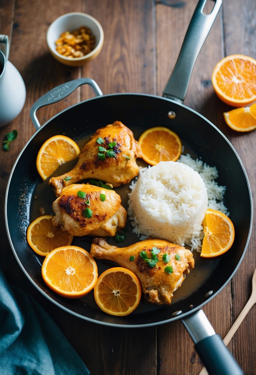 A sizzling pan of orange-ginger chicken with steaming rice and vibrant orange slices on a wooden table