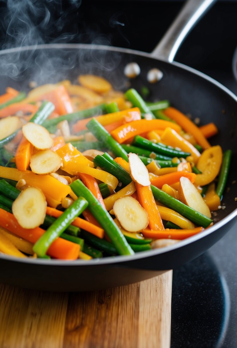 A sizzling stir-fry pan filled with colorful vegetables and thin slices of ginger, emitting a fragrant aroma