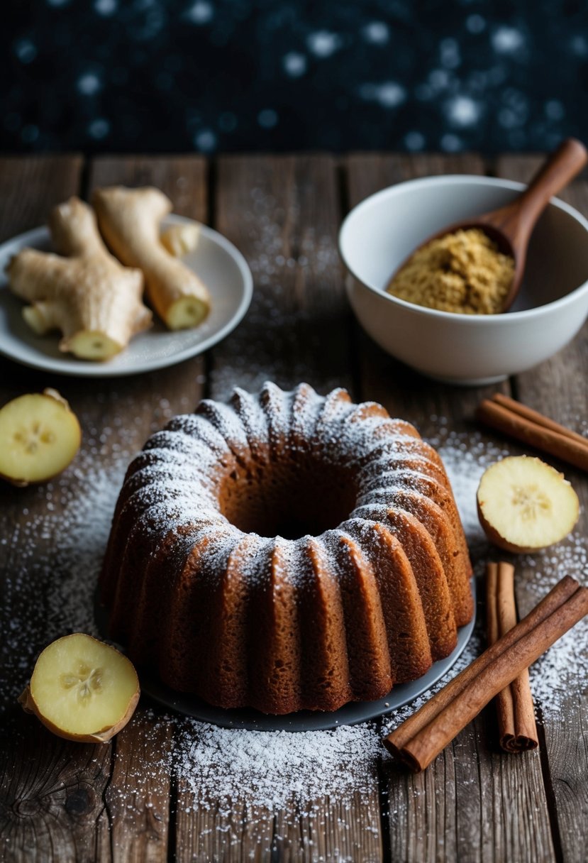 A Jamaican Ginger Cake surrounded by fresh ginger, cinnamon sticks, and a sprinkle of powdered sugar on a rustic wooden table