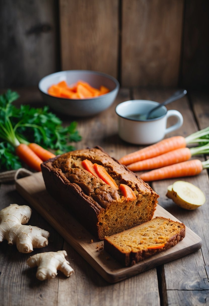 A rustic kitchen with a wooden table set with a loaf of ginger carrot bread, surrounded by fresh ginger and carrots