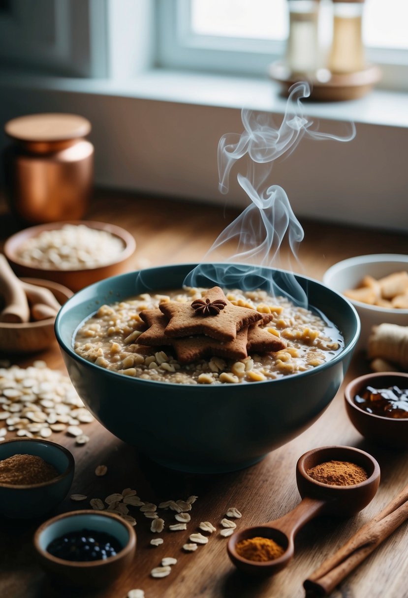 A cozy kitchen with a steaming bowl of gingerbread oatmeal, surrounded by ingredients like oats, ginger, cinnamon, and molasses