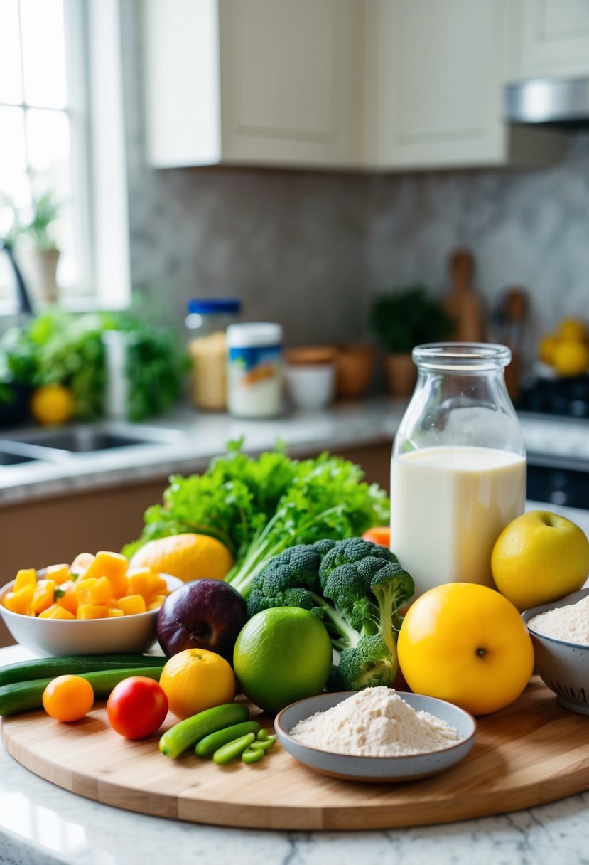 A kitchen counter with a variety of fresh fruits, vegetables, and alternative ingredients such as almond milk and gluten-free flour