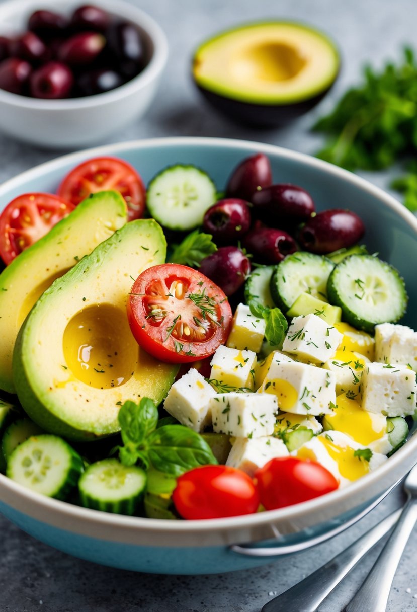 A colorful bowl filled with fresh avocado, tomatoes, cucumbers, olives, and feta cheese, drizzled with olive oil and sprinkled with herbs