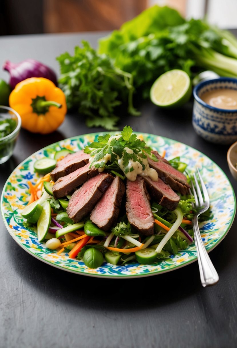 A colorful plate of Thai steak salad with a variety of fresh vegetables and herbs, topped with slices of grilled steak and a tangy dressing