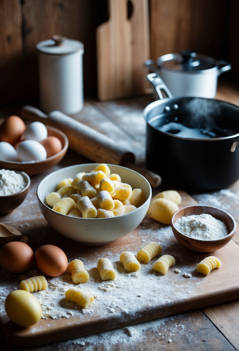 A rustic kitchen with a wooden countertop covered in flour, eggs, and potatoes. A bowl of freshly made gnocchi sits next to a rolling pin and a pot of boiling water