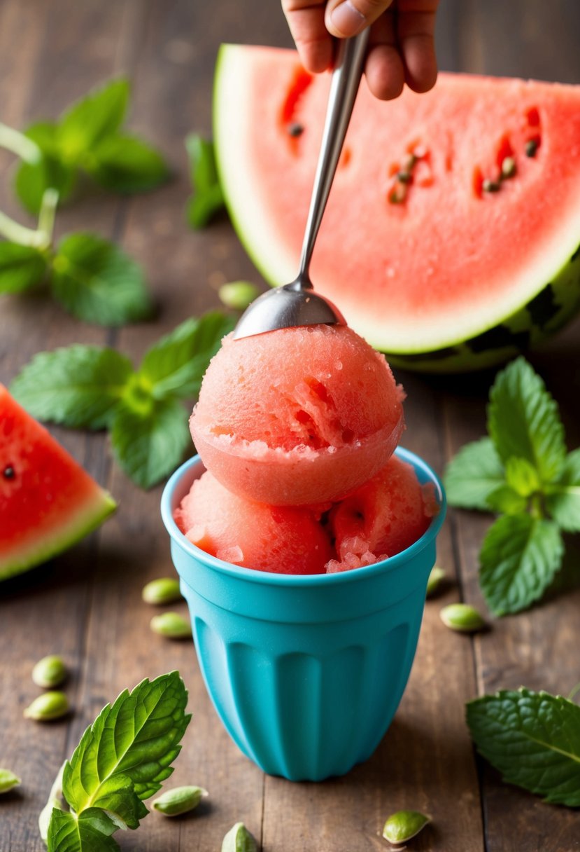 A vibrant watermelon being blended into a smooth sorbet, surrounded by fresh mint leaves and a scattering of watermelon seeds