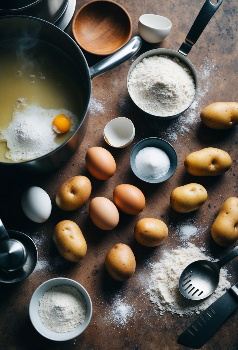 A rustic kitchen counter with scattered flour, eggs, and potatoes, surrounded by cooking utensils and a pot of boiling water