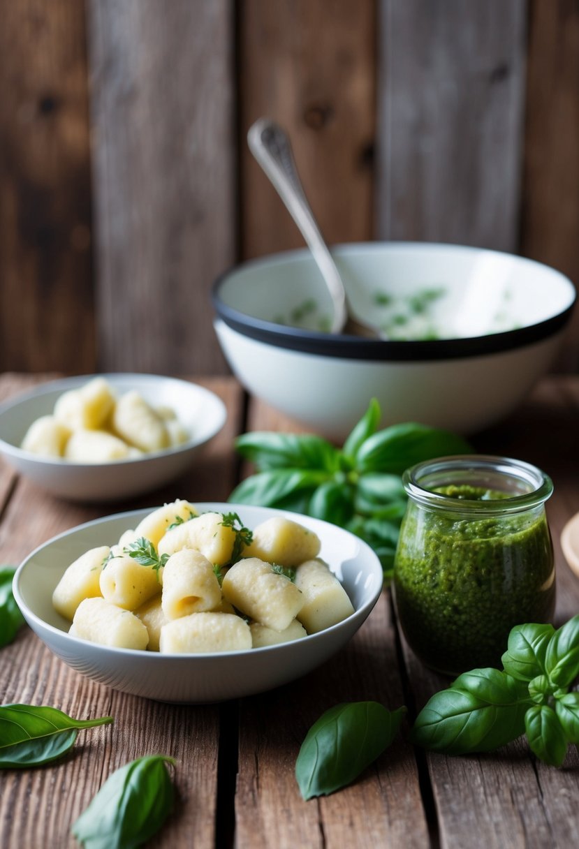 A rustic kitchen scene with a wooden table, a bowl of ricotta gnocchi, a jar of pesto, and fresh basil leaves scattered around