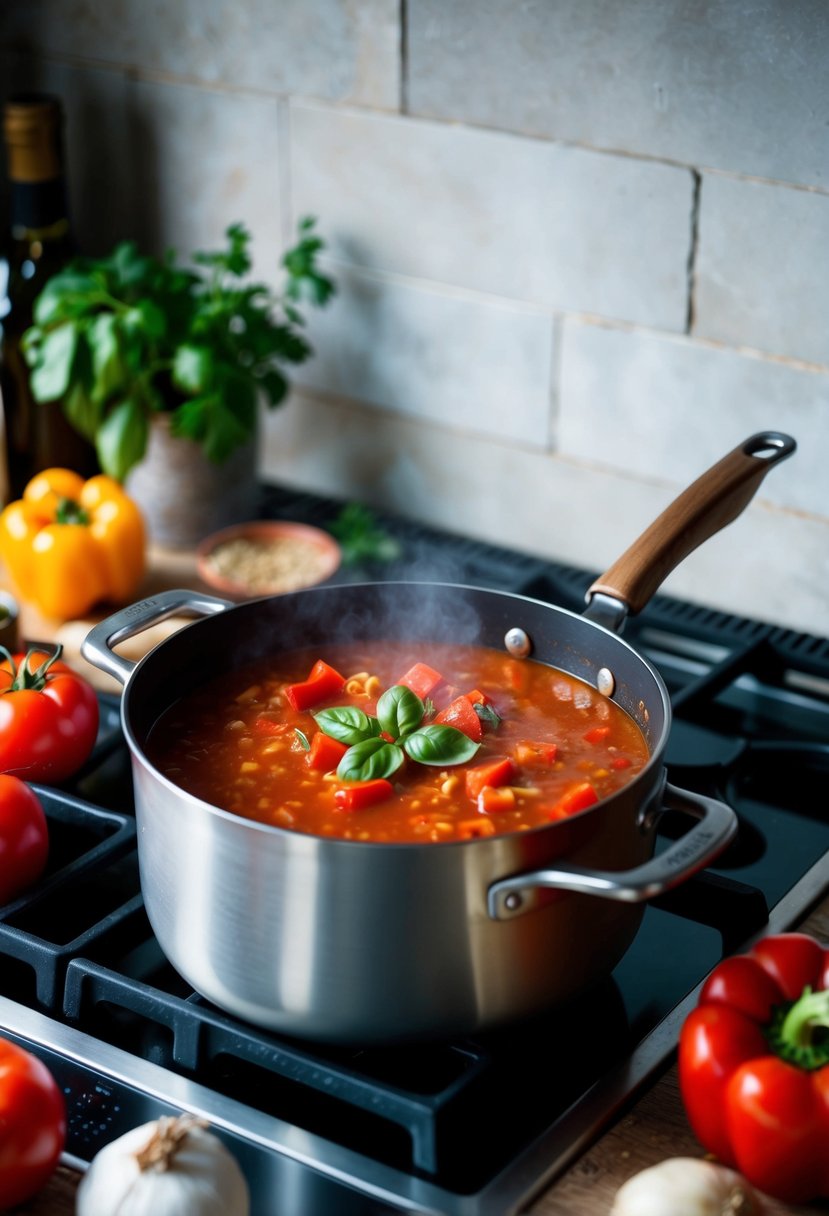 A rustic kitchen with a pot simmering on the stove, filled with vibrant red tomato and pepper soup surrounded by fresh ingredients