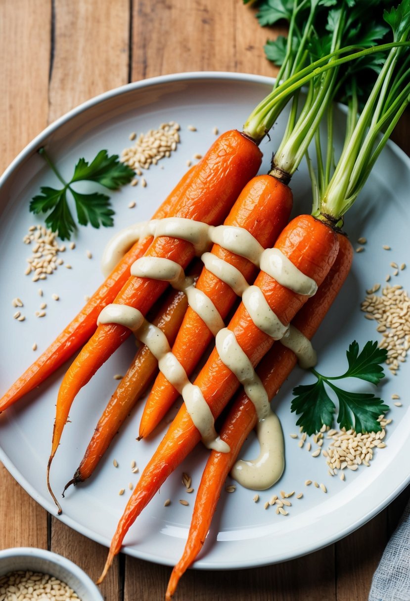 A plate of maple-roasted carrots drizzled with tahini sauce, surrounded by scattered sesame seeds and a sprig of fresh parsley