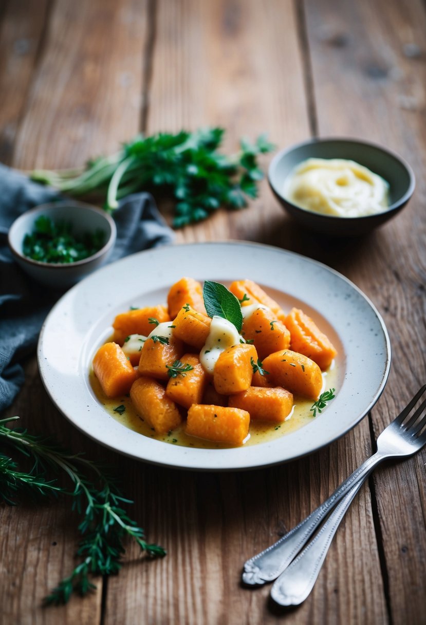 A rustic wooden table set with a steaming plate of sweet potato gnocchi, drizzled with sage butter and garnished with fresh herbs