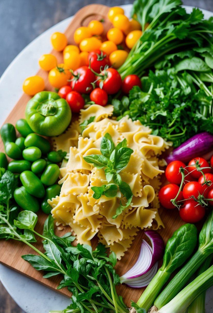 A colorful array of fresh vegetables, herbs, and gluten-free lasagna noodles arranged on a clean, wooden cutting board