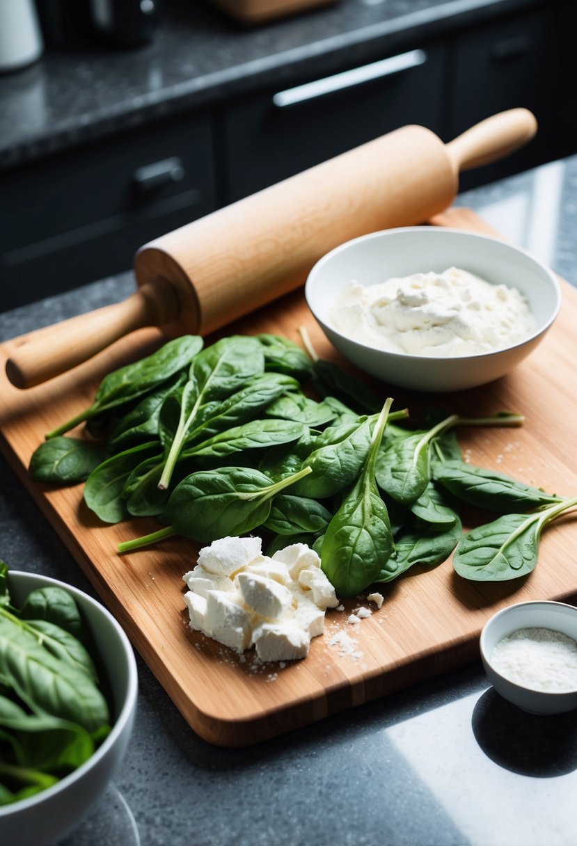 A wooden cutting board with fresh spinach and ricotta cheese, a bowl of flour, and a rolling pin on a kitchen counter