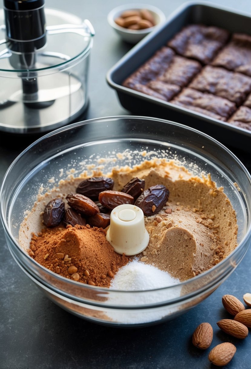 A mixing bowl with dates, cocoa powder, and almonds. A food processor beside it. A pan of fudgy brownies in the background