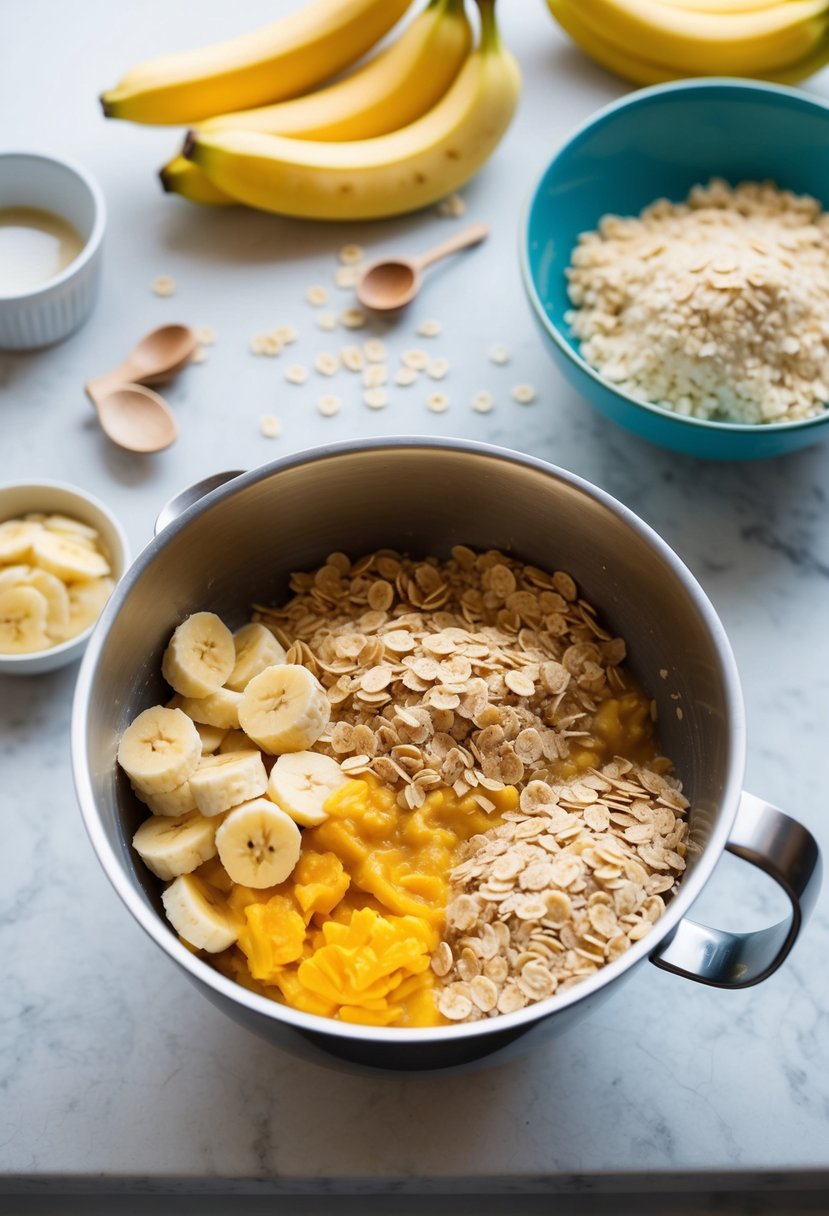 A kitchen counter with a mixing bowl filled with mashed bananas, oats, and other ingredients for gluten-free, dairy-free banana oatmeal cookies