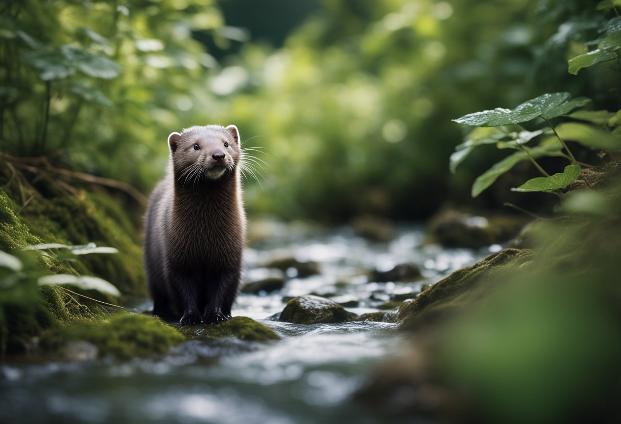 En mink i sitt naturlige habitat, omgitt av planter og trær, med en bekk som renner i nærheten