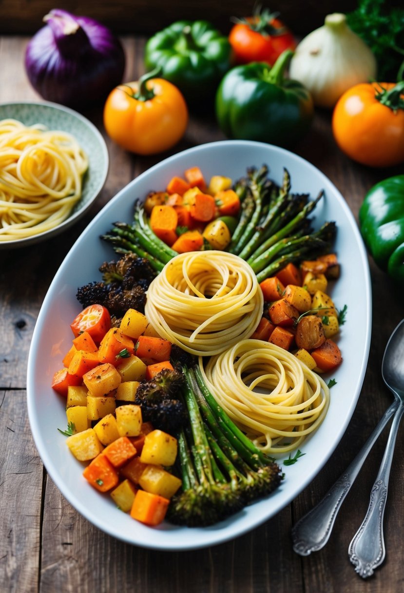 A colorful array of roasted vegetables and gluten-free pasta arranged on a rustic wooden table