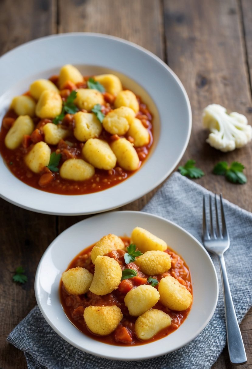 A steaming plate of cauliflower gnocchi in marinara sauce on a rustic wooden table