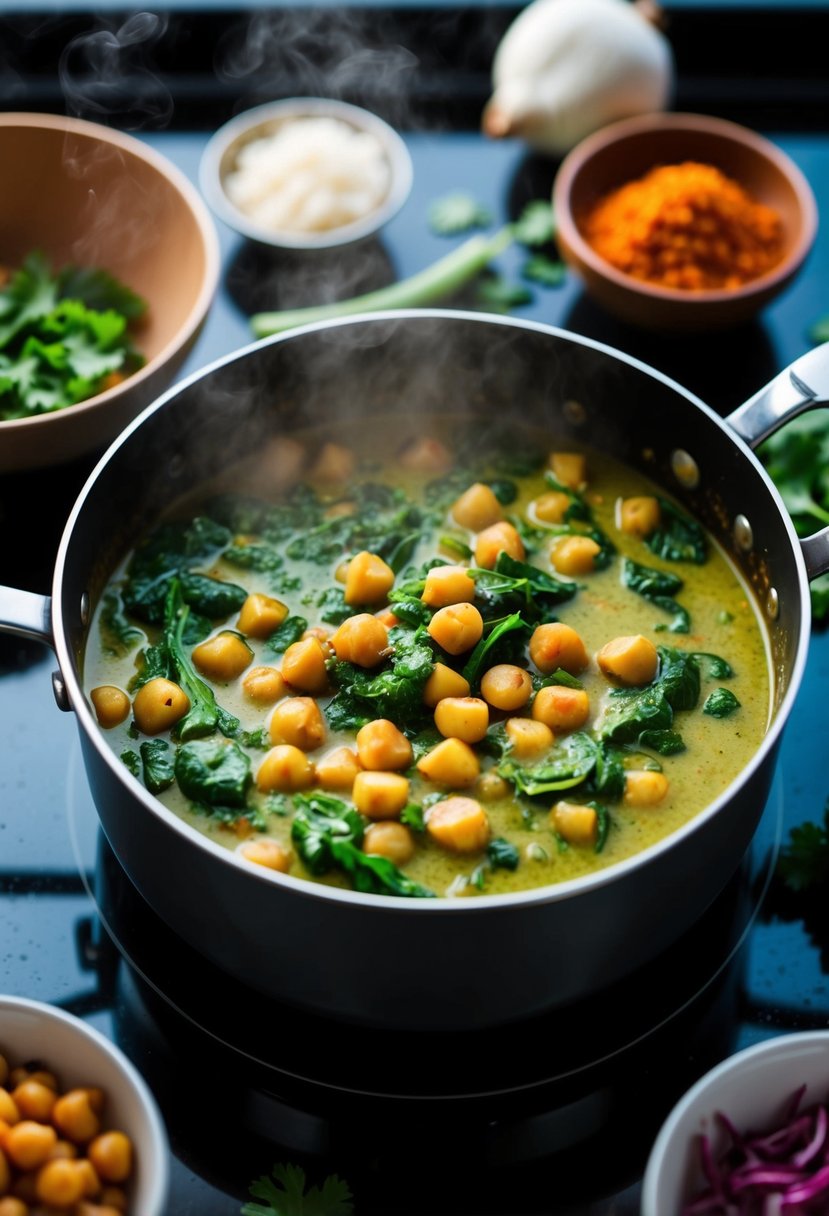 A steaming pot of chickpea and spinach curry simmering on a stovetop, surrounded by vibrant spices and fresh ingredients